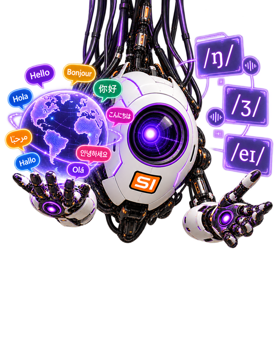 Robotic Violet inviting you to learn and communicate clearly